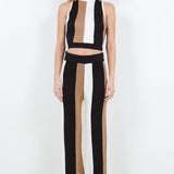 STRIPE KNITTED TIE BACK TOP: Brown / L